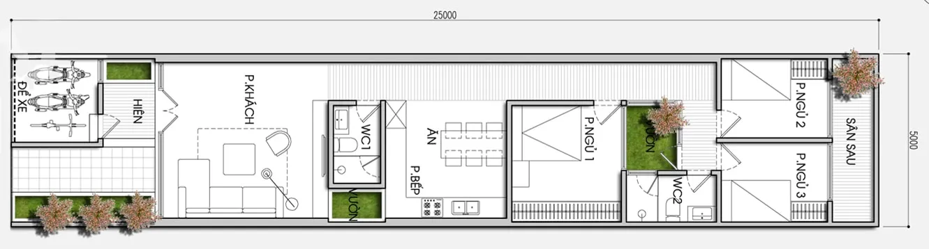 Bản thiết kế nhà ống 1 tầng 5x20m 3 phòng ngủ