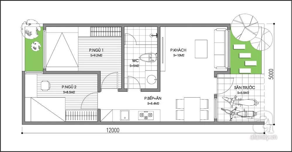 Bản vẽ nhà cấp 4 mái thái 2 phòng ngủ siêu khoa học