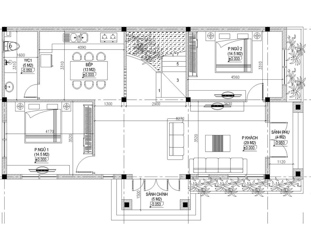 Mẫu biệt thự 2 tầng 2 mặt tiền mái thái 4 phòng ngủ