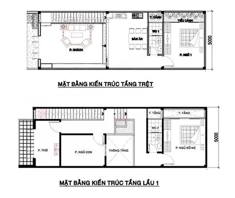 Mẫu nhà 2 tầng mái thái 5×15 3 phòng ngủ 1 phòng thờ