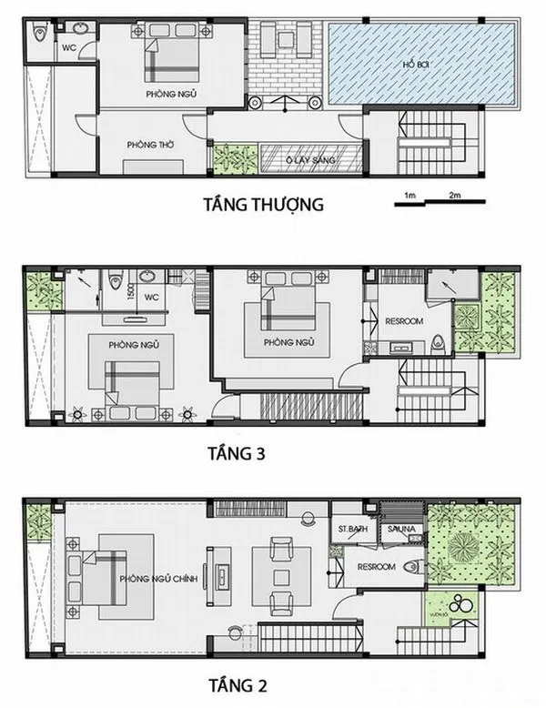 Thiết kế nhà ống 3 tầng 4 phòng ngủ có tầng hầm và bể bơi