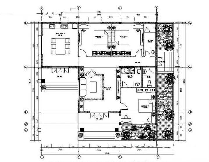 Thiết kế nhà vườn cấp 4 chữ L 8x12m