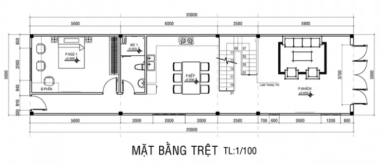 Thiết kế thi công nhà ống 2 tầng 4 phòng ngủ 1 phòng thờ 800 triệu