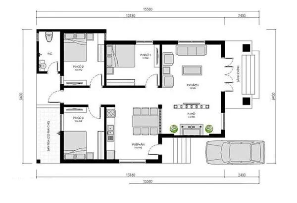 Các mẫu nhà cấp 4 3 phòng ngủ 1 phòng thờ đầy tiện nghi