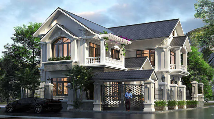 Mẫu nhà 2 tầng chữ l 100m2 4 phòng ngủ