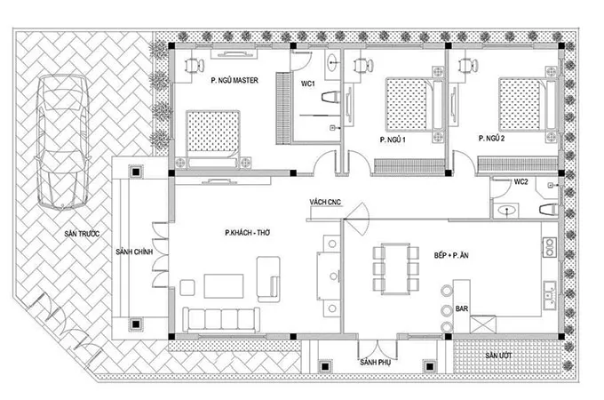 Nhà vườn 1 tầng 3 phòng ngủ mái thái hiện đại vùng ngoại ô thanh bình