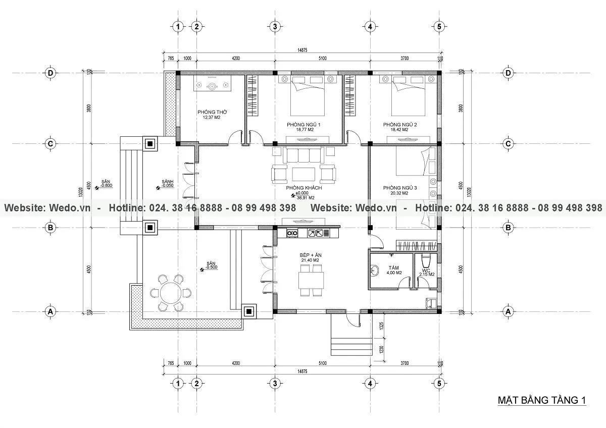 Thiết kế biệt thự 1 tầng mái thái đẹp 5 phòng ngủ