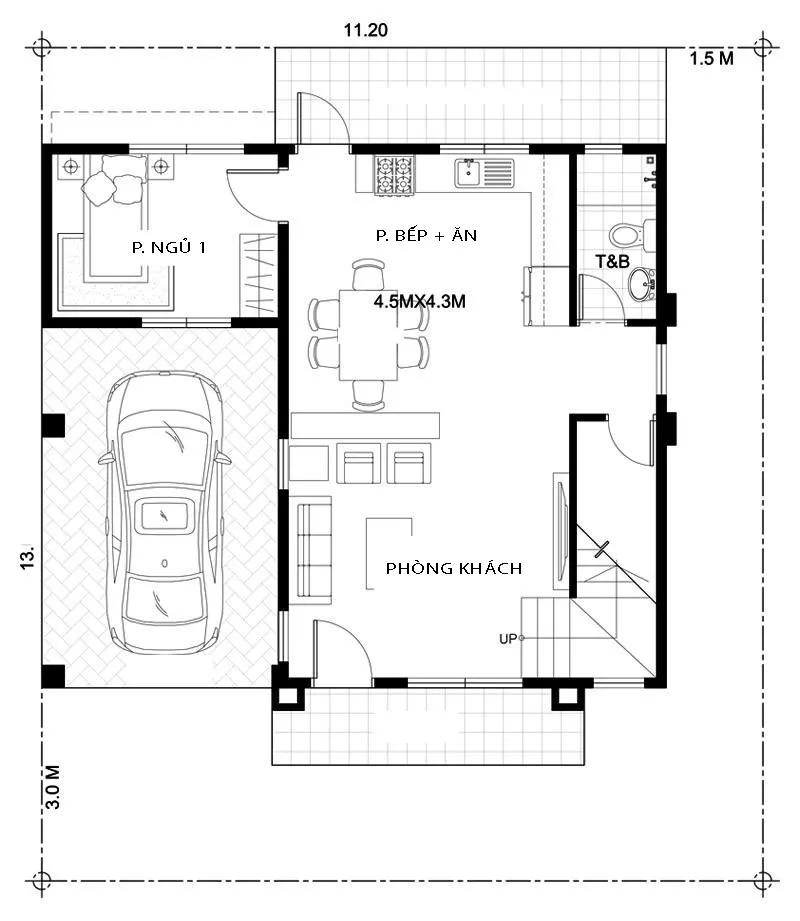 Thiết kế nhà 2 tầng mái thái nông thôn 110m2 có gara ô tô