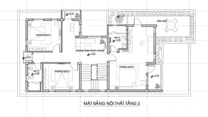 Thiết kế nhà 3 tầng mặt tiền 10m 5 phòng ngủ 1 phòng thờ