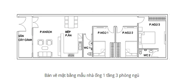 Thiết kế nhà ống 1 tầng 5x25m 3 phòng ngủ đẹp