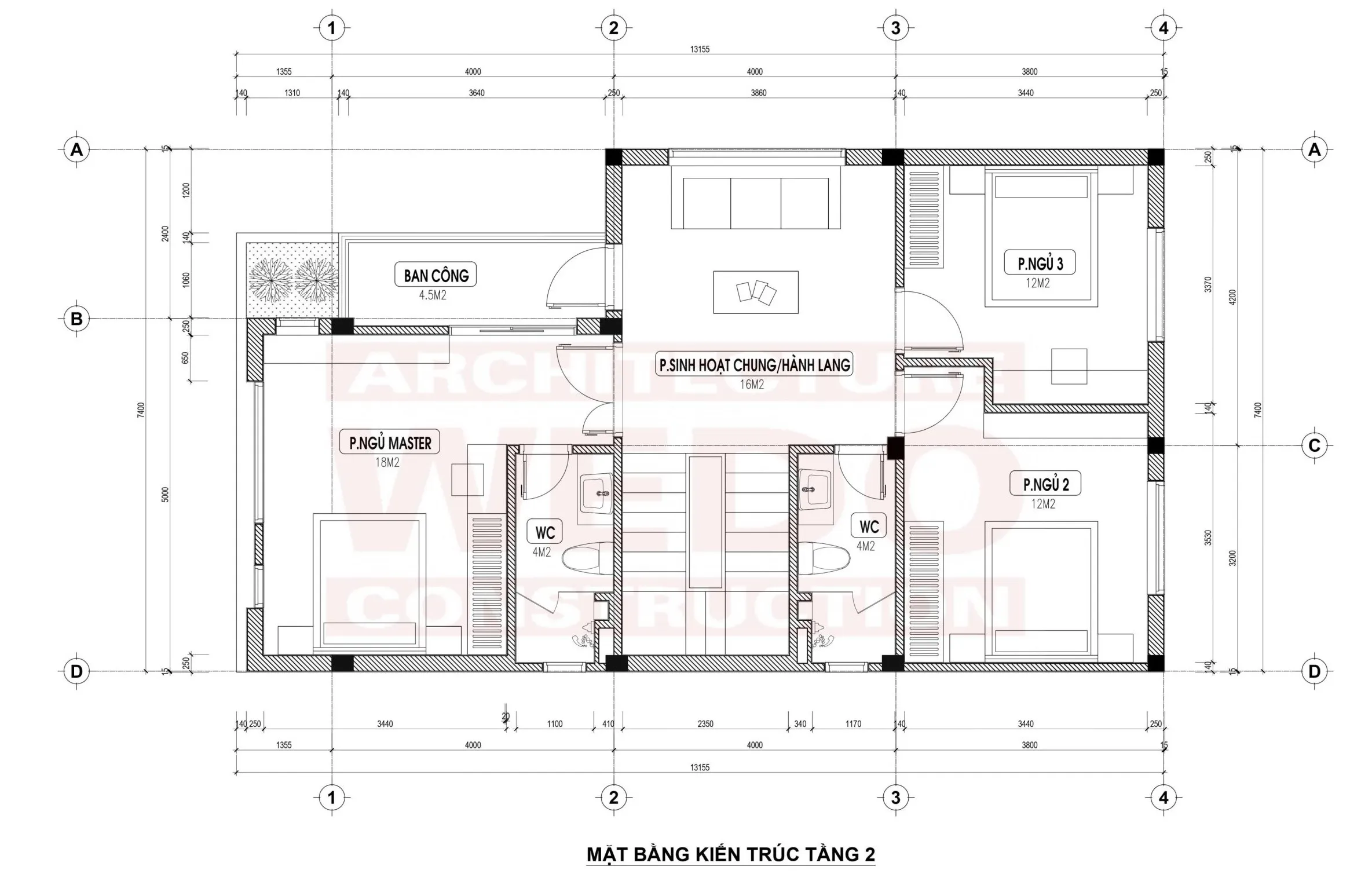 Thiết kế thi công nhà 2 tầng 1 tum mái bằng hiện đại 7x13m tại Ý Yên, Nam Định – WEDO