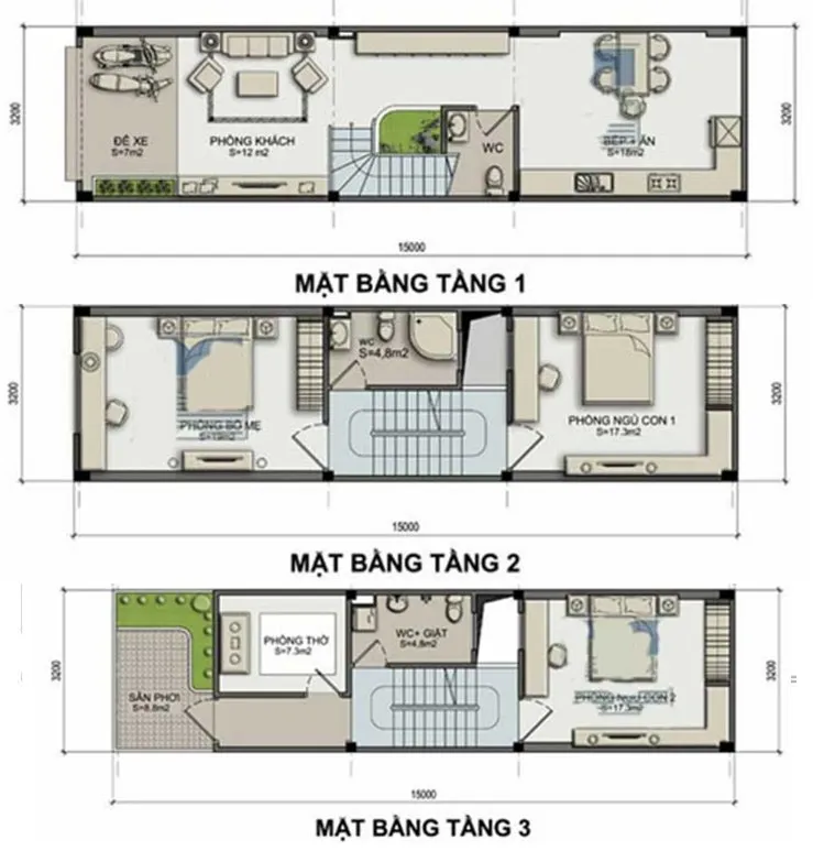 Tư vấn thiết kế nhà ống 3 tầng 3x15m mặt tiền hẹp đẹp tối ưu